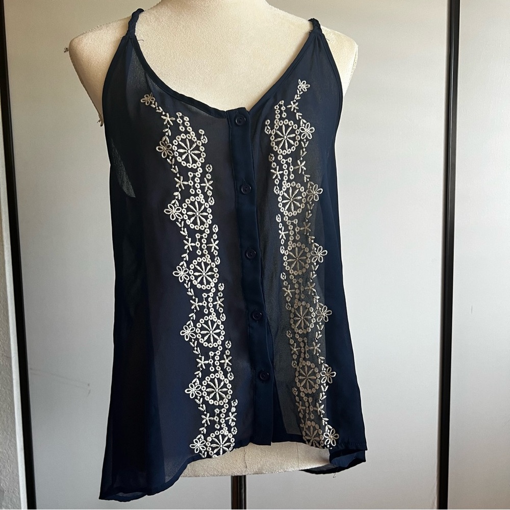 Navy Sheer Embroidered Tank Top